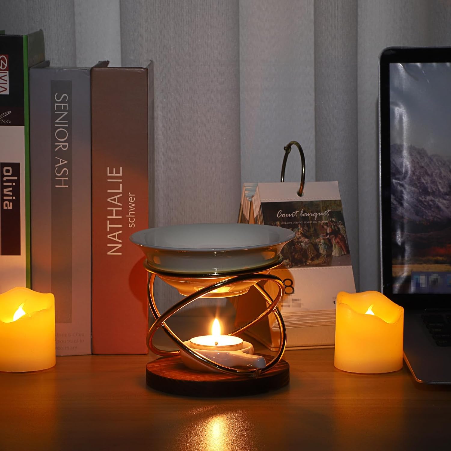 JUXYES Rustic Candle Wax Melt Warmer for Scented Wax, Tealight Ceramic Essential Oil Burner with Metal Rack, Tealight Fragrance Warmer Candle Tart Burner Diffuser