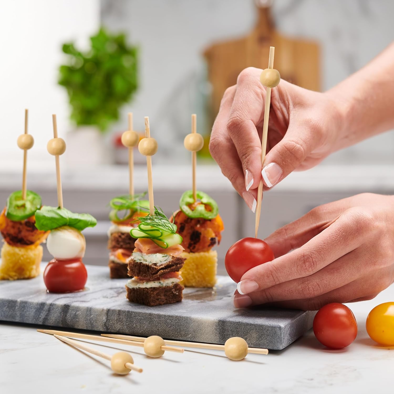 GUSTO [Case of 10,000] Cocktail Picks & Food Toothpicks - 4.7 Inch Wooden Pick Skewers for Drinks & Appetizers - Fancy Wooden Pearl Picks (Formerly Comfy Package)