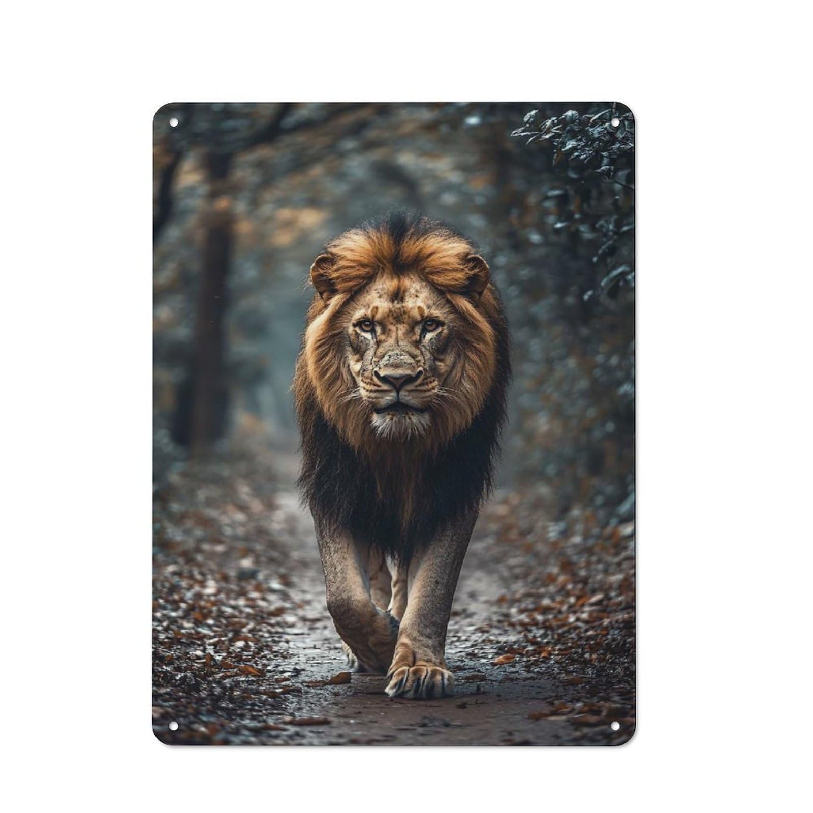 Majestic Lion Walking Through Forest Path Warehouse Style Metal Wall Decor 40x30cm, Tin Wall Sign for Modern Home, Workshop, Office Or Cafe