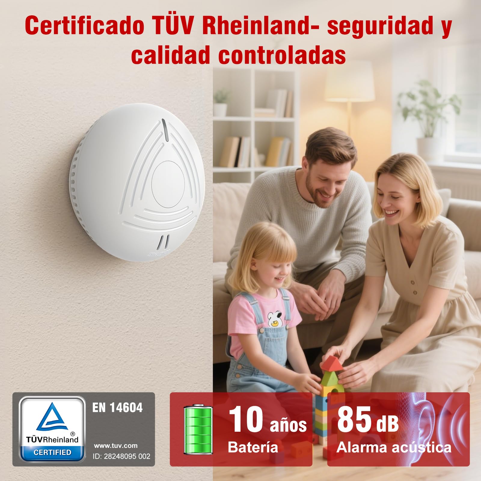 DAYTECH Detector de Humo con Pila de 10 Años - Instalación Fácil Alarma Antiincendios con Soporte Magnético Sin Taladros, Ideal para Hogar, Apartamento y Alquiler (Pack de 4, Blanco)