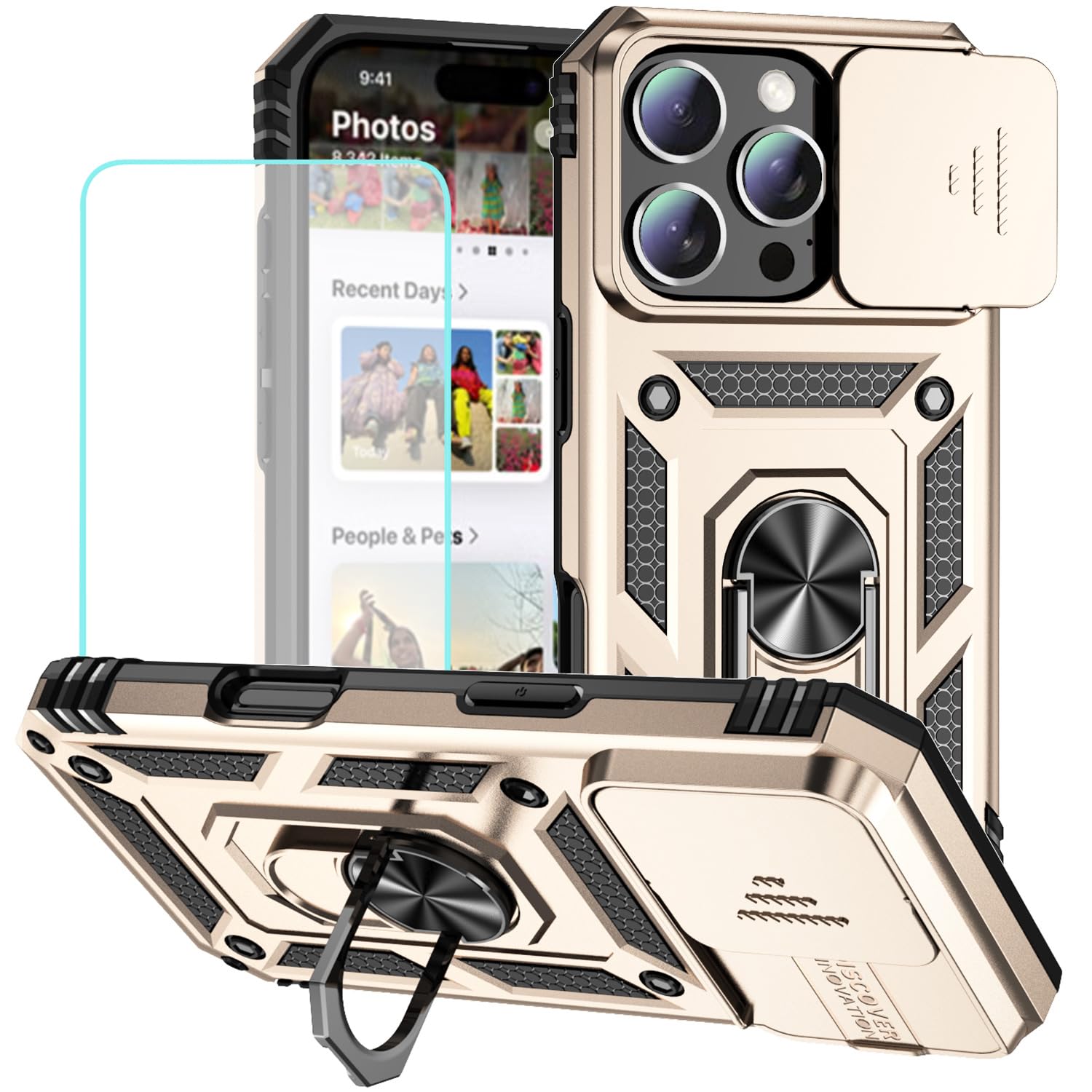 Vokuha Case for iPhone 16 Pro Case with Tempered Glass Screen Protector and Slide Camera Cover, 360° Rotate Ring Stand Magnetic Cover for iPhone 16