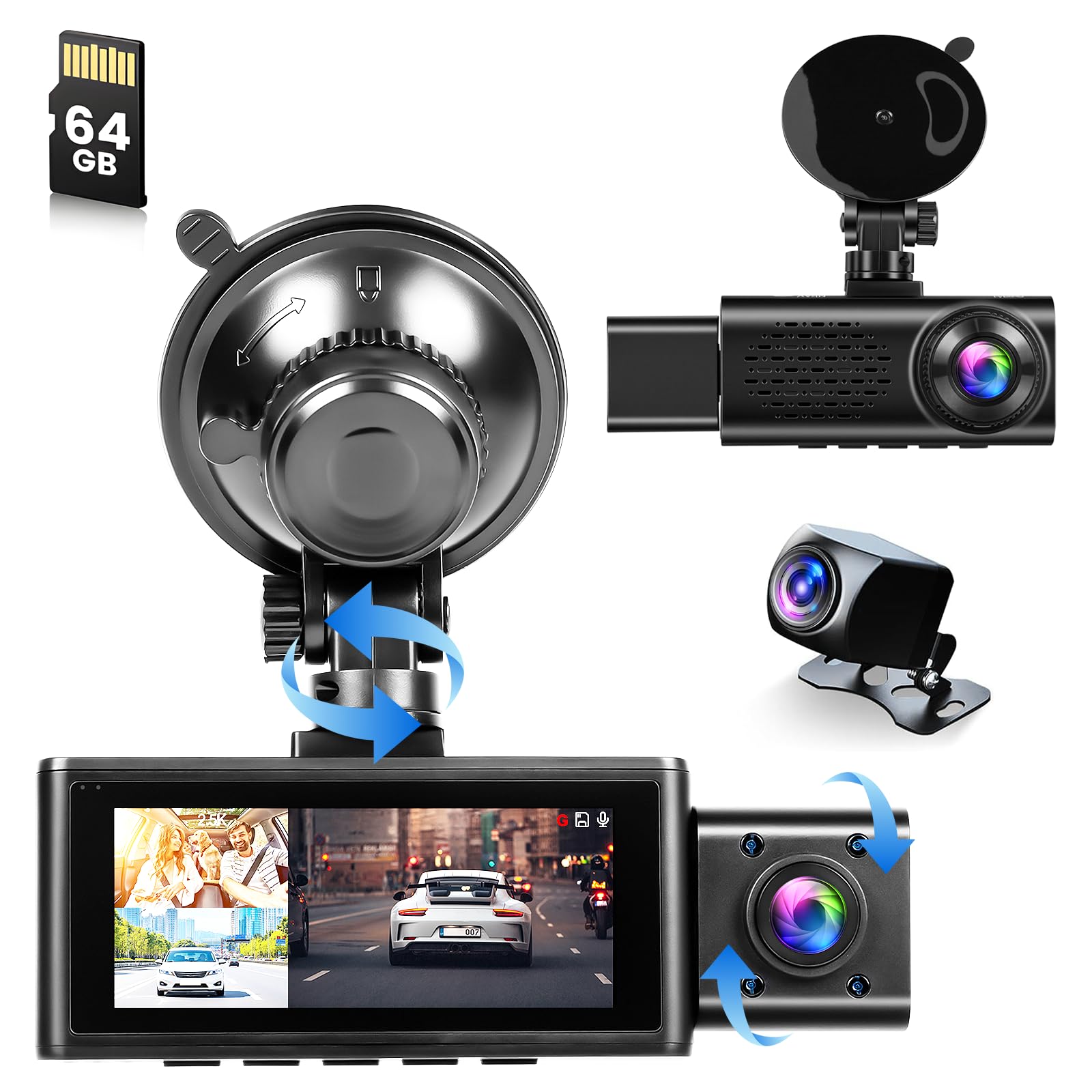 Roinvou Dashcam 3 Canales 2.5K+2.5K+1080P con Cámaras Delantera, Interior y Trasera, Pantalla 3.16", GPS, Sensor de Impacto G-Sensor, Grabación en Bucle, Control por App (Viidure), 64GB TF