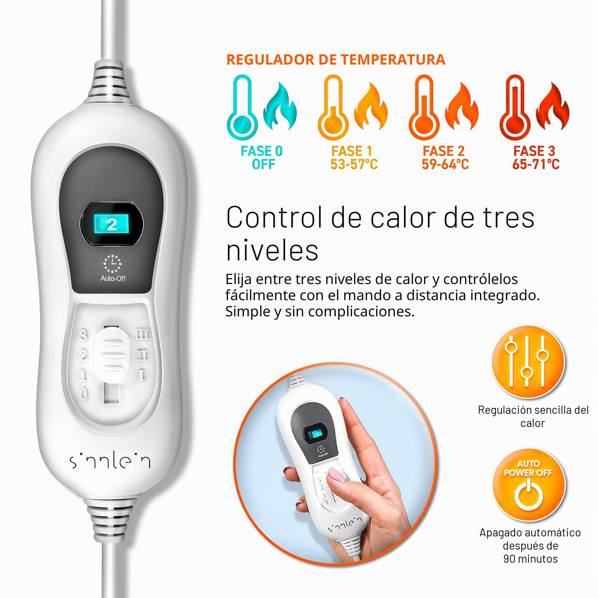 sinnlein Faja Lumbar para Espalda | Cinturón Térmico Abdominal, Cuello | Almohadilla Eléctrica con 3 Temperaturas y Apagado Automático | Alivio del Dolor | Correa Ajustable y Cierre de Velcro