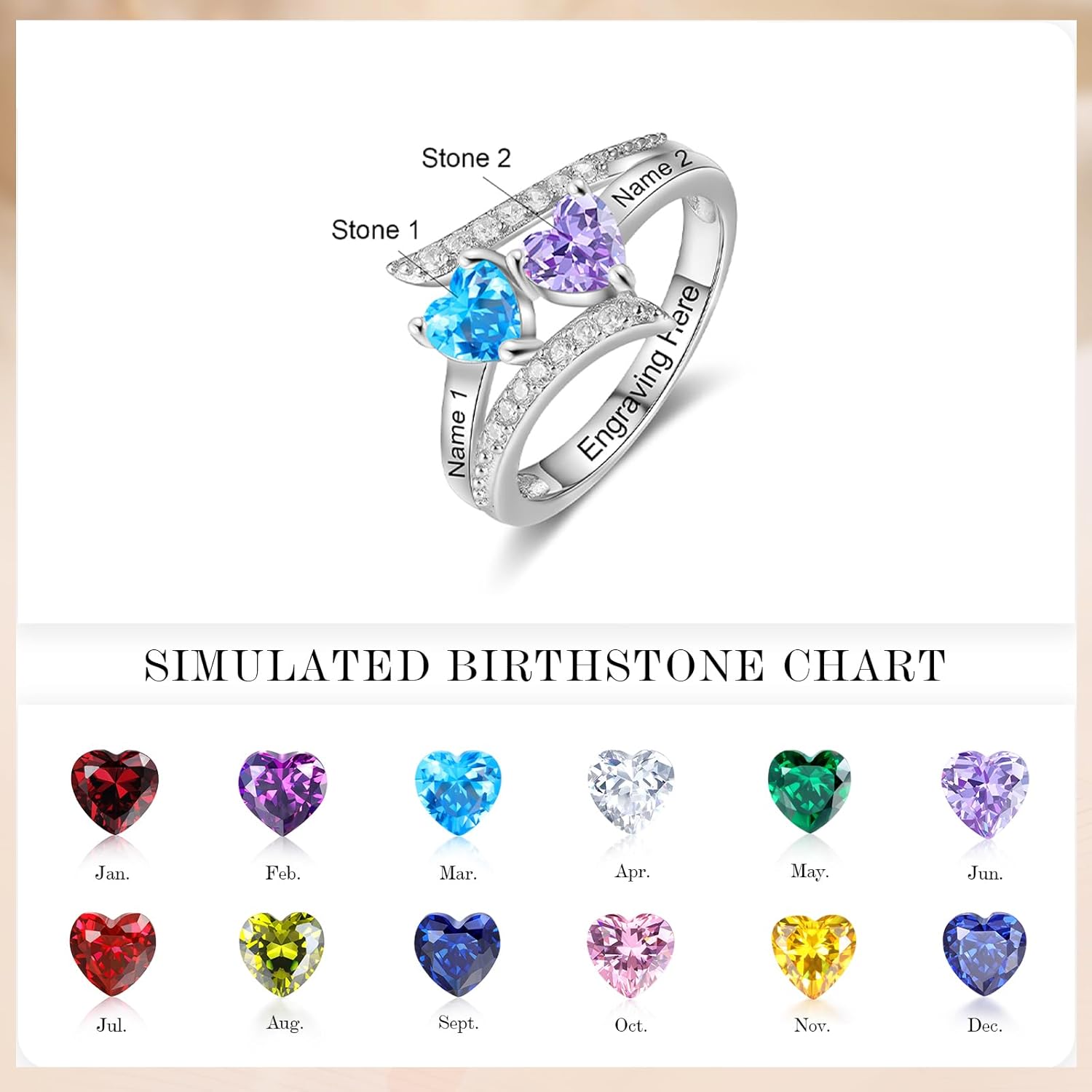 925 Sterling Silver Personalized Mothers Ring with 2 Birthstones Custom Engraved Name Engagement Wedding Promise Rings for Women Mothers Day Birthday Gifts for Mom Grandma Wife - Image 3