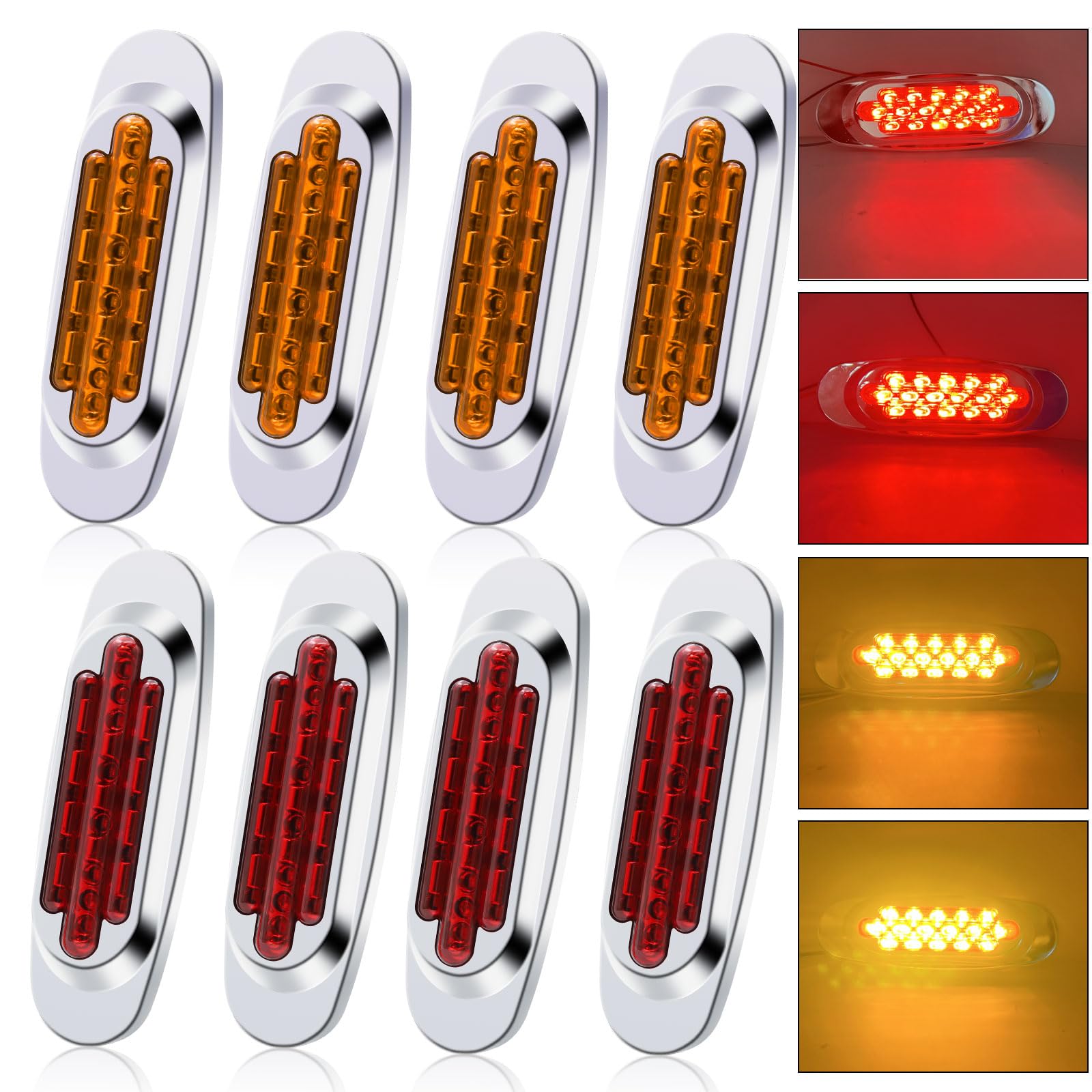Biqing Feu de Gabarit Remorque, 24V 6.4" Feux de Gabarit Feu Latéral Ampoule avec Lunette Chromée pour Voiture Véhicule Camion Remorque Caravane (Rouge+Jaune-8X)