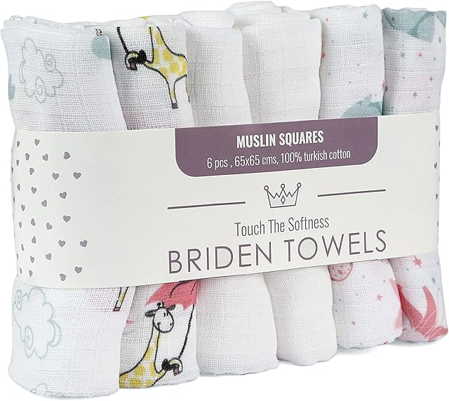 Touch The Softness BRIDENTOWELS Muslin Squares Baby, Burp Cloths, 70x70cm, 6 Pack, 100% Pure Cotton, Baby Swaddle,Unisex Baby Nursing Cover
