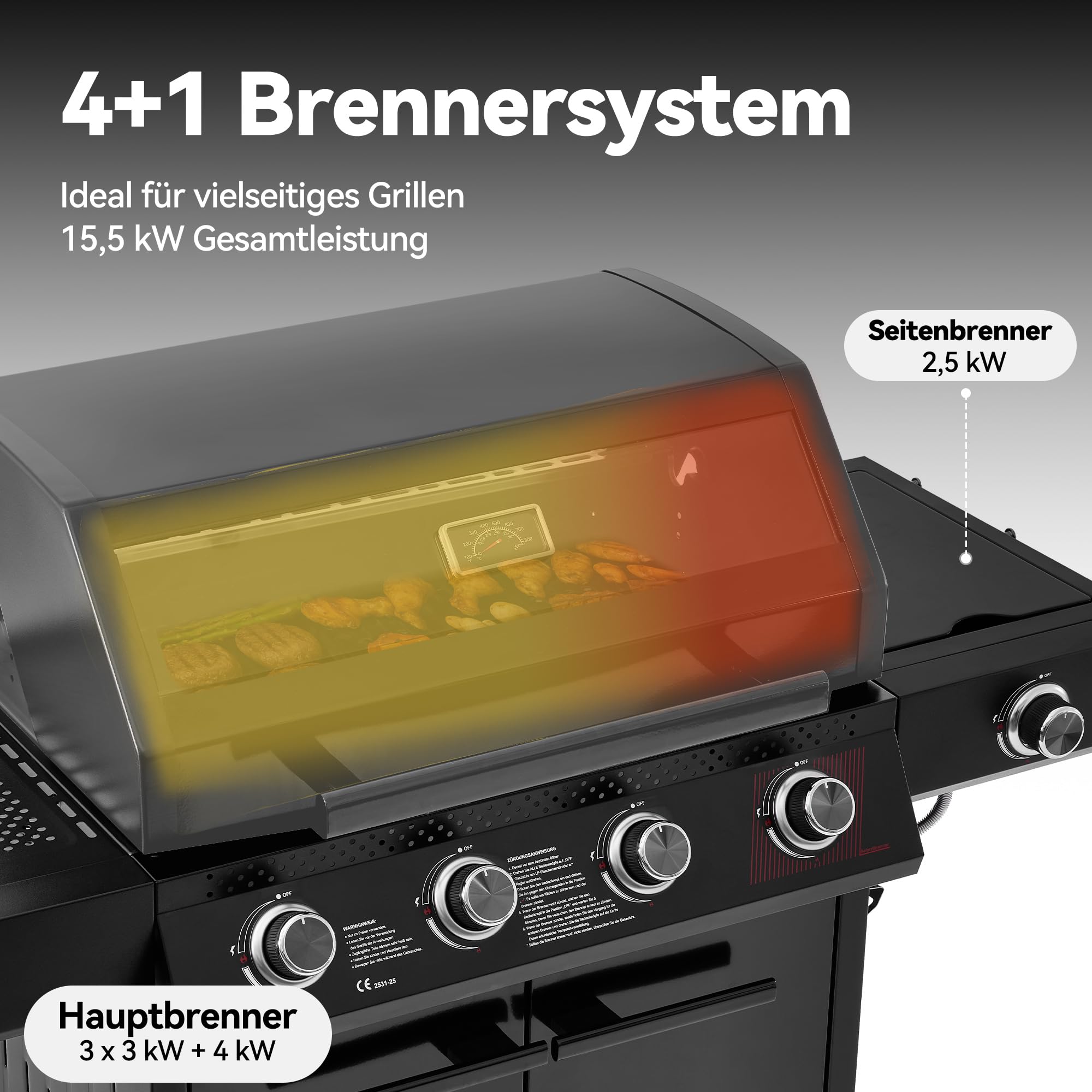 Royal Gourmet 4+1 Brenner Gasgrill Outdoor Gas Grillwagen mit Sichtfenster, Unterschrank, 15,5 kW Campinggrill mit Power-Zonen
