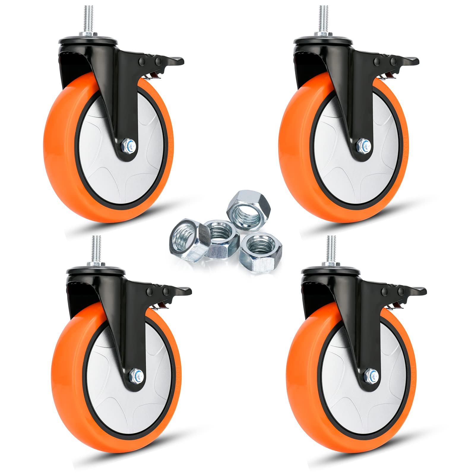 Set di 4 ruote rotanti da 150 mm, carichi pesanti, ruote filettate con doppia serratura, ruote industriali con caratteristiche di sicurezza, lisce e silenziose, per trolley e mobili