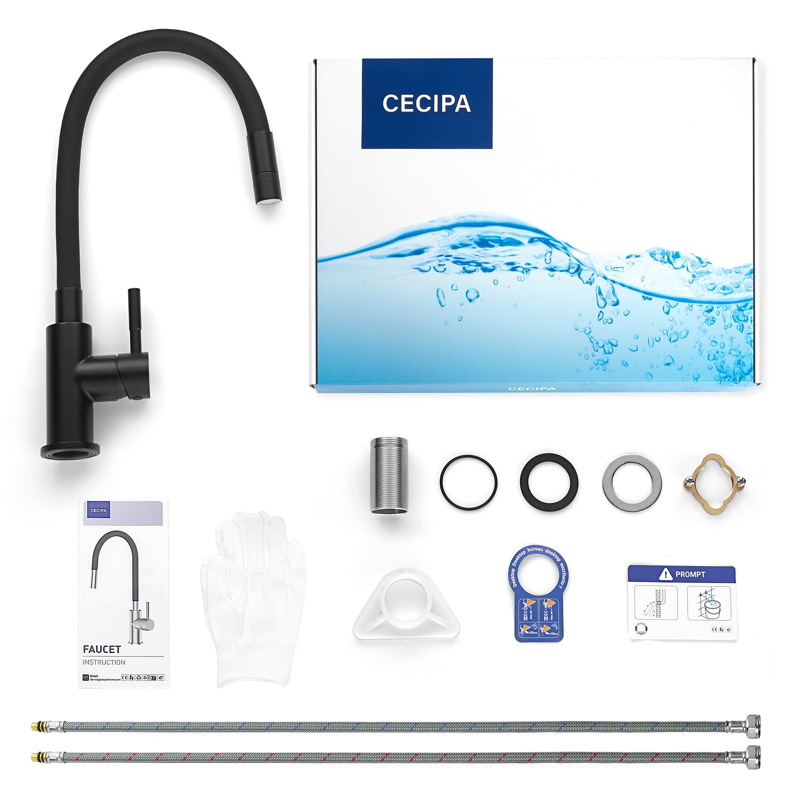 CECIPA Robinet Cuisine Noir Flexible Avec 2 Types de Jets, Mitigeur Rabattable, Eau Chaude et Froide, Pivotant à 360°