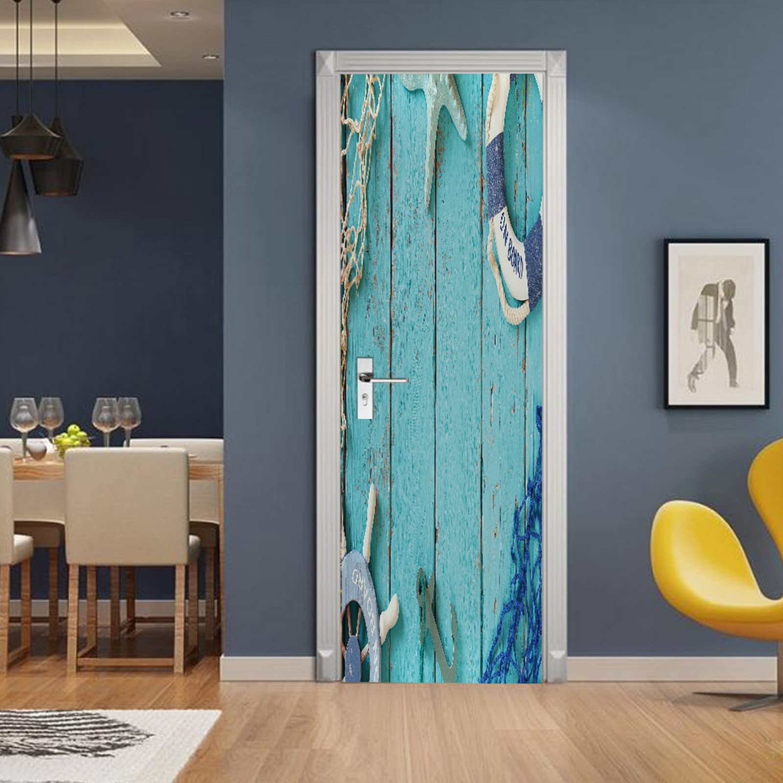 Door Stickers A.Monamour 3D - Nautical Blue Wood Plank Vinyl Decal ...