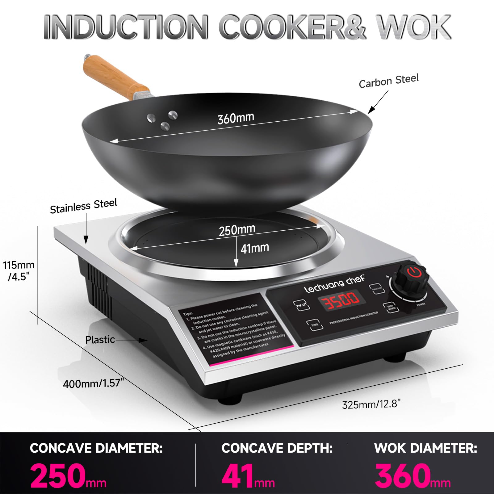 Lechuang Chef 3500W Induction Cooker with Wok, Induction Hob with Upgrade Hot Plate, 24-Hour Timer and Preset Functions, 50 KG Load Capacity, 11-Level Power and Temperature setting - 4