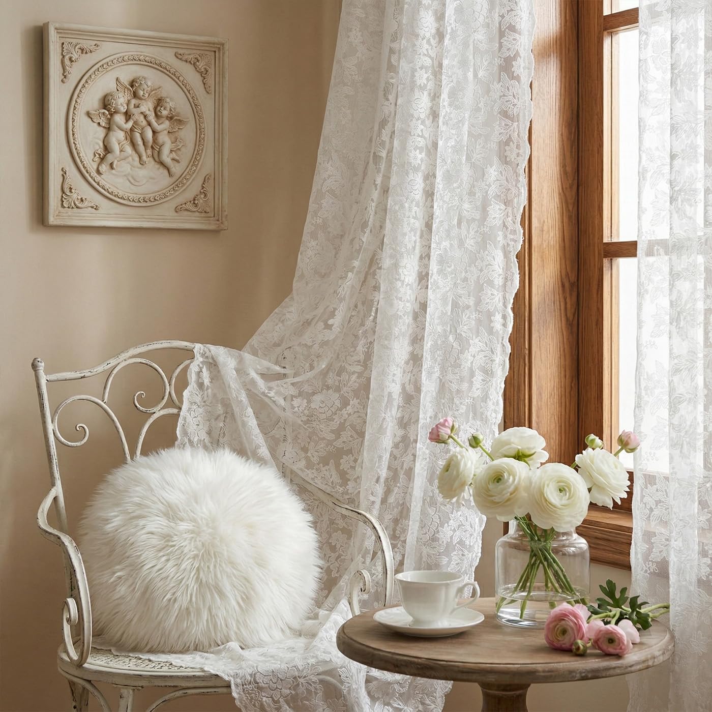 Spitzengardine mit Blumenmuster, Vintage Landhausstil Gardine, Durchsichtige Vorhänge mit Ösen, Weiße Spitzenvorhänge für Wohnzimmer, Küche & Schlafzimmer, 2 Stück, H 250 x B 135 cm