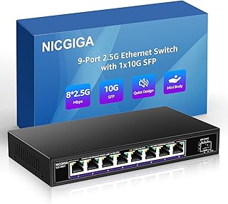 NICGIGA 8 Port 2.5G Ethernet Switch with 10G SFP Uplink, Unmanaged 2.5Gb Network Switch, Plug & Play, Desktop/Wall-Mount, Fanless Metal Design.