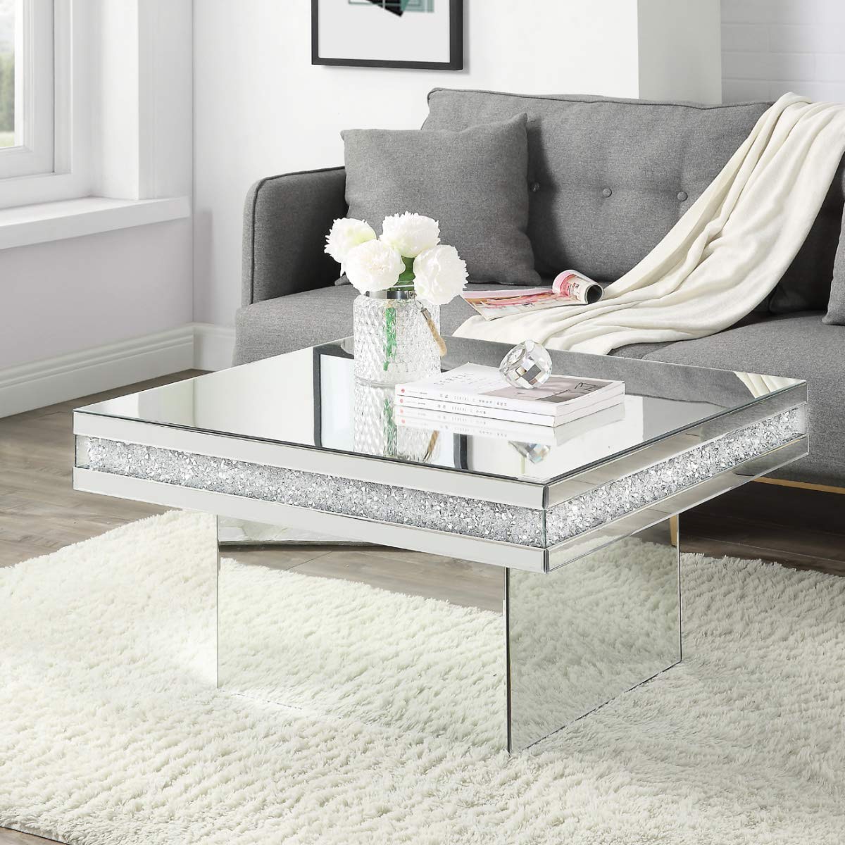 Coffee Table Mirrored with Crystal Inlay Surface, Square Silver Accent