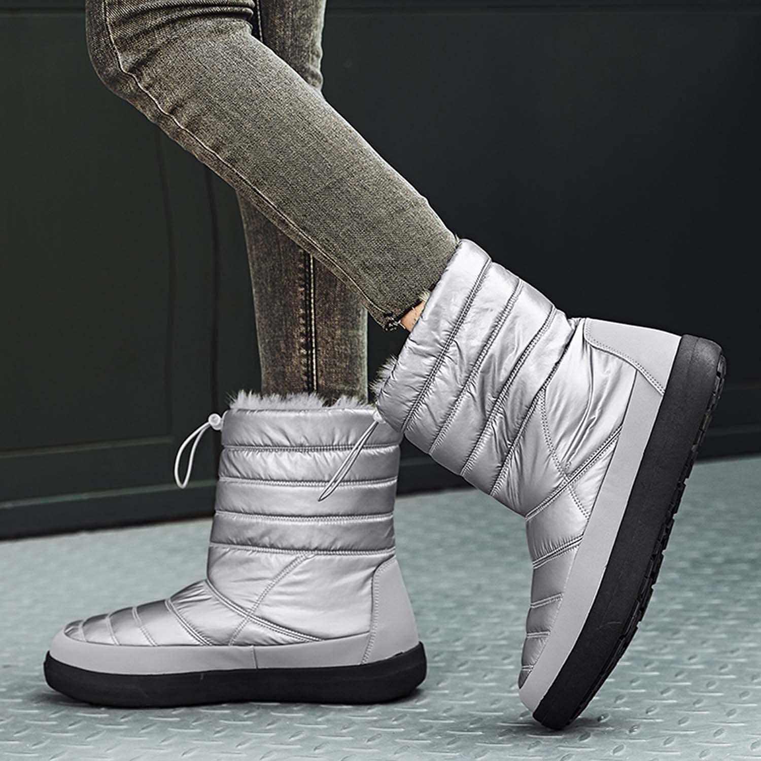 Botas de nieve para mujer invierno cálido forro de piel al aire libre sin cordones en botines impermeables zapatillas de deporte, gris, 39 EU