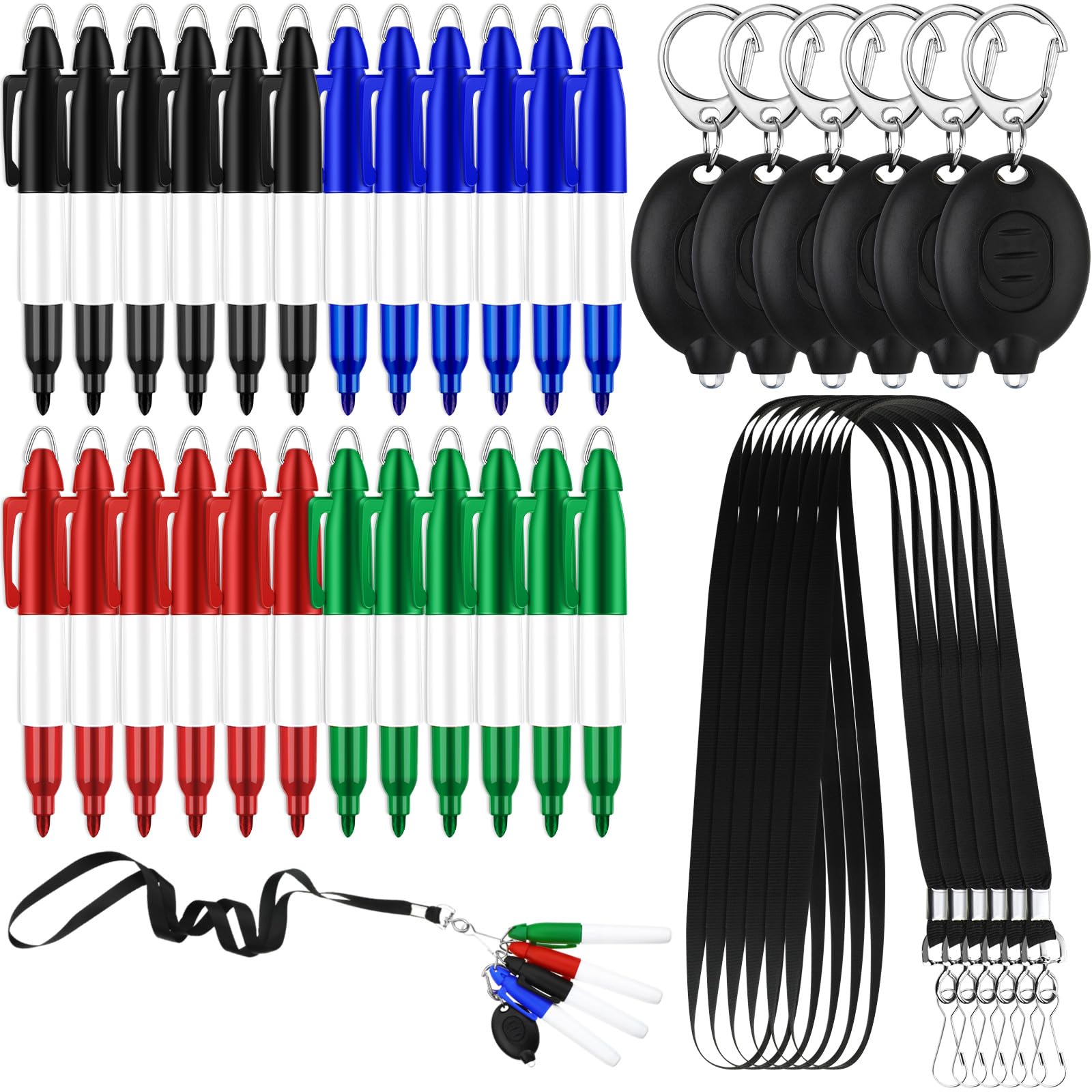 Eersida 6 Sets Gifts for Nurse Mini Flashlight Keychain Permanent Marker with Lanyard Necklace for Nurse Badge LED Keychain Bullet Tip Point Markers for Office School Teacher Nurses Supplies