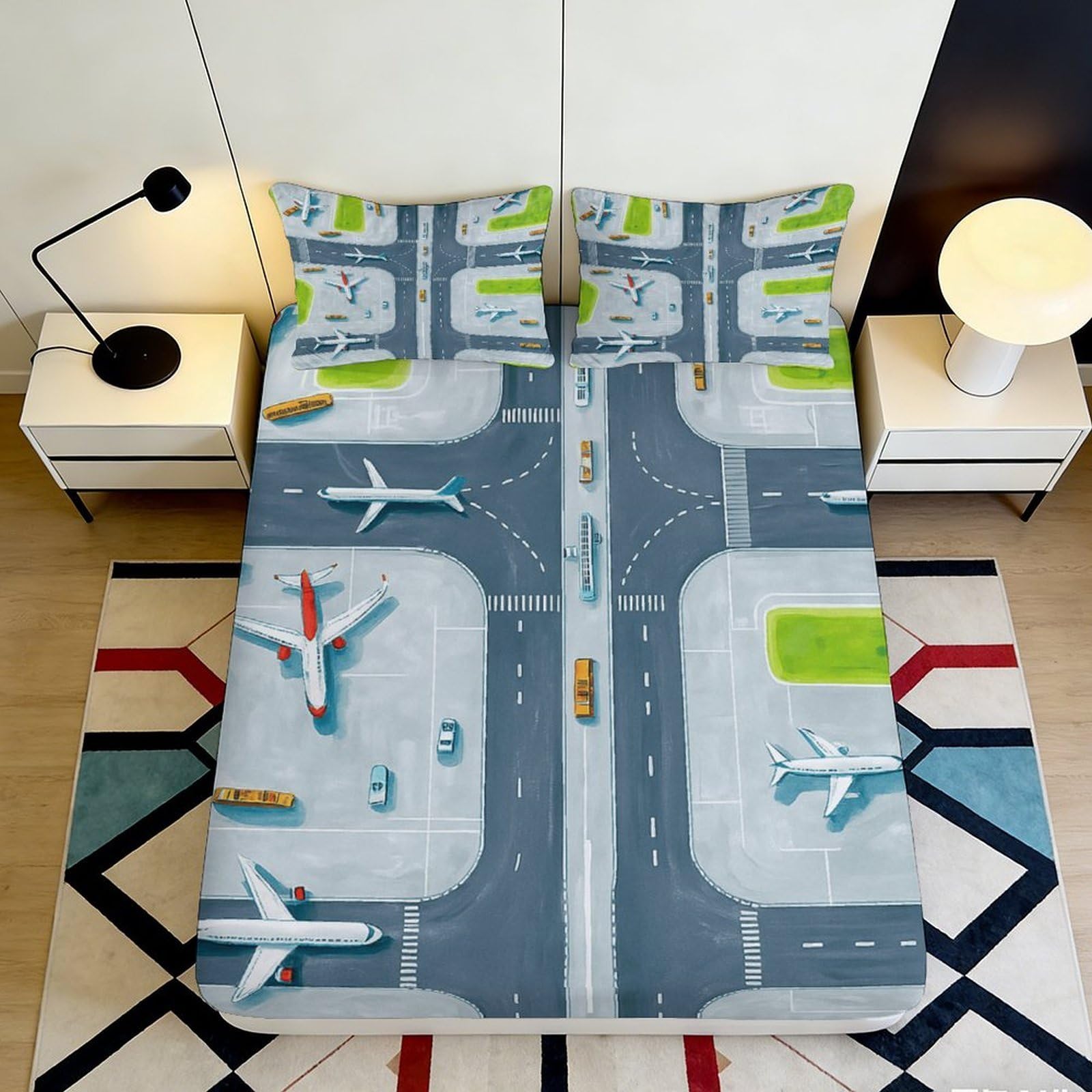 3D Printed Airport Runway Fitted Sheet Microfiber Soft Breathable Airplane Bed Cover for Bedroom Dormitory Guest Room Mattress Protection Decor 120x200x25cm