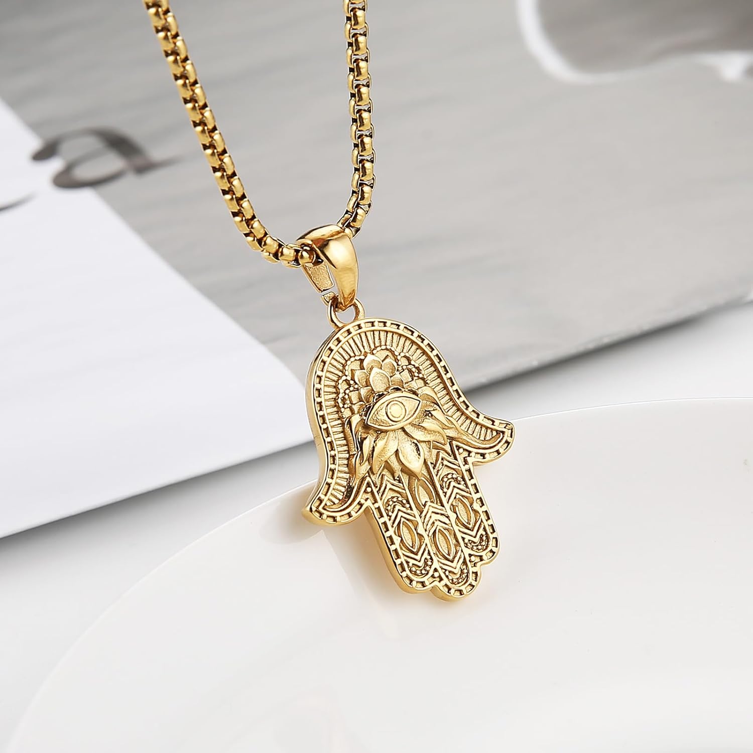 AsAlways Stainless Steel Hand of Fatima Pendant Vintage Amulet Charm Relief Carving Evil Eye Hamsa Hand Necklace Religious Gifts - Image 4