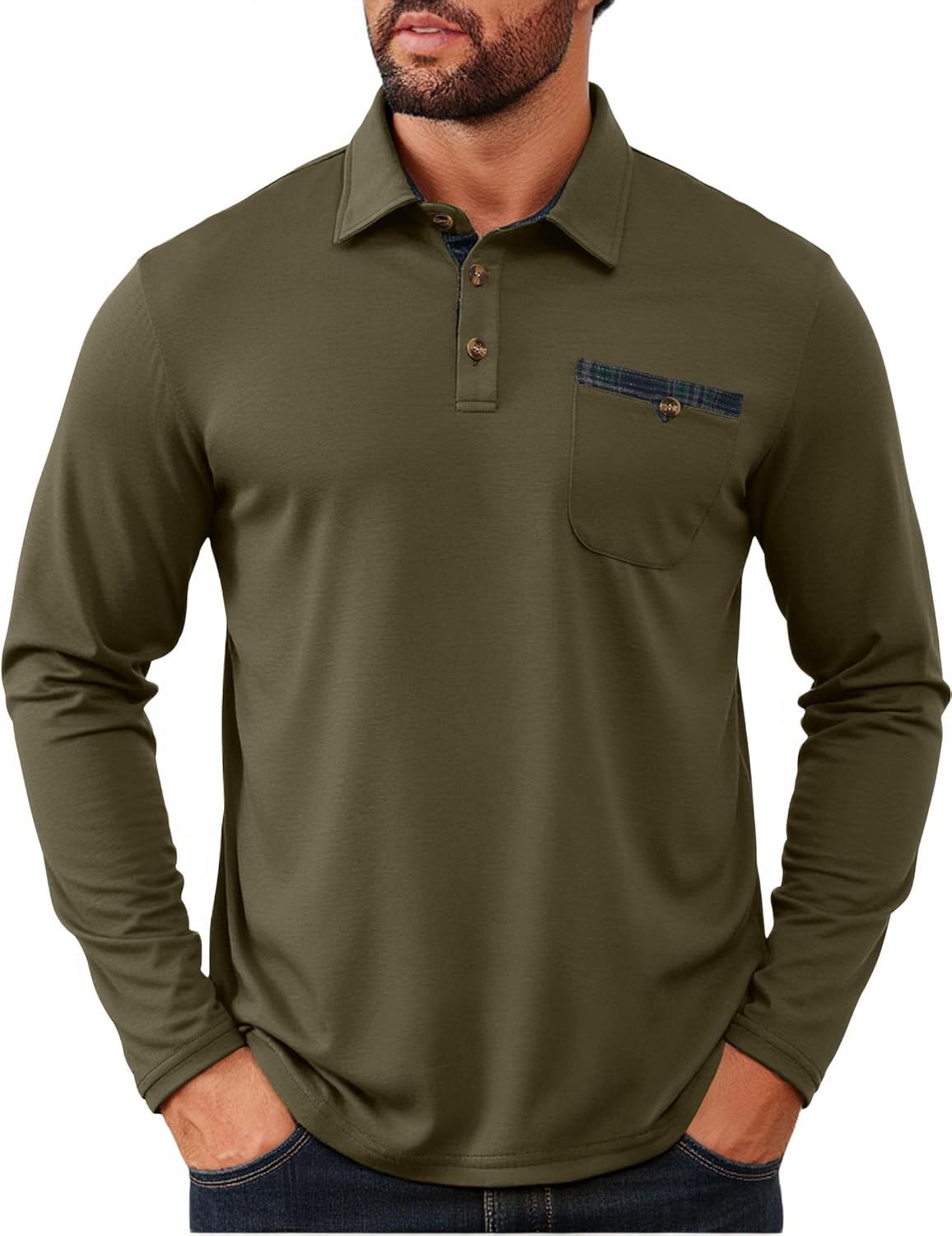 Mens Athletic Long Sleeve Polo Shirts Classic Lightweight Button Collared Stylish Tops with Pocket