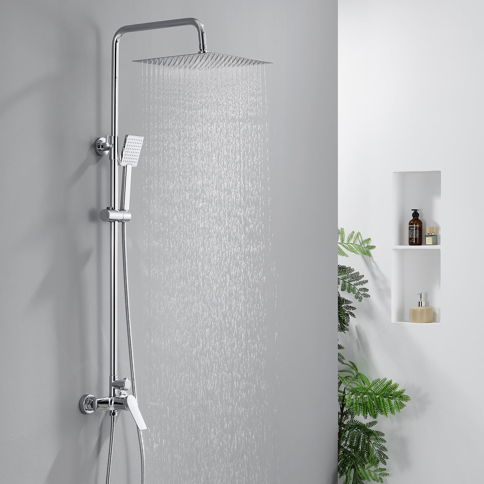 Auralum Soffione Doccia Grande Anticalcare e Alta Pressione - Quadrato 8 Pollici con Ugelli in Silicone Autopulenti - Soffione Doccia Fisso a Pioggia in Acciaio Inox con Girevole a 360° - Cromato