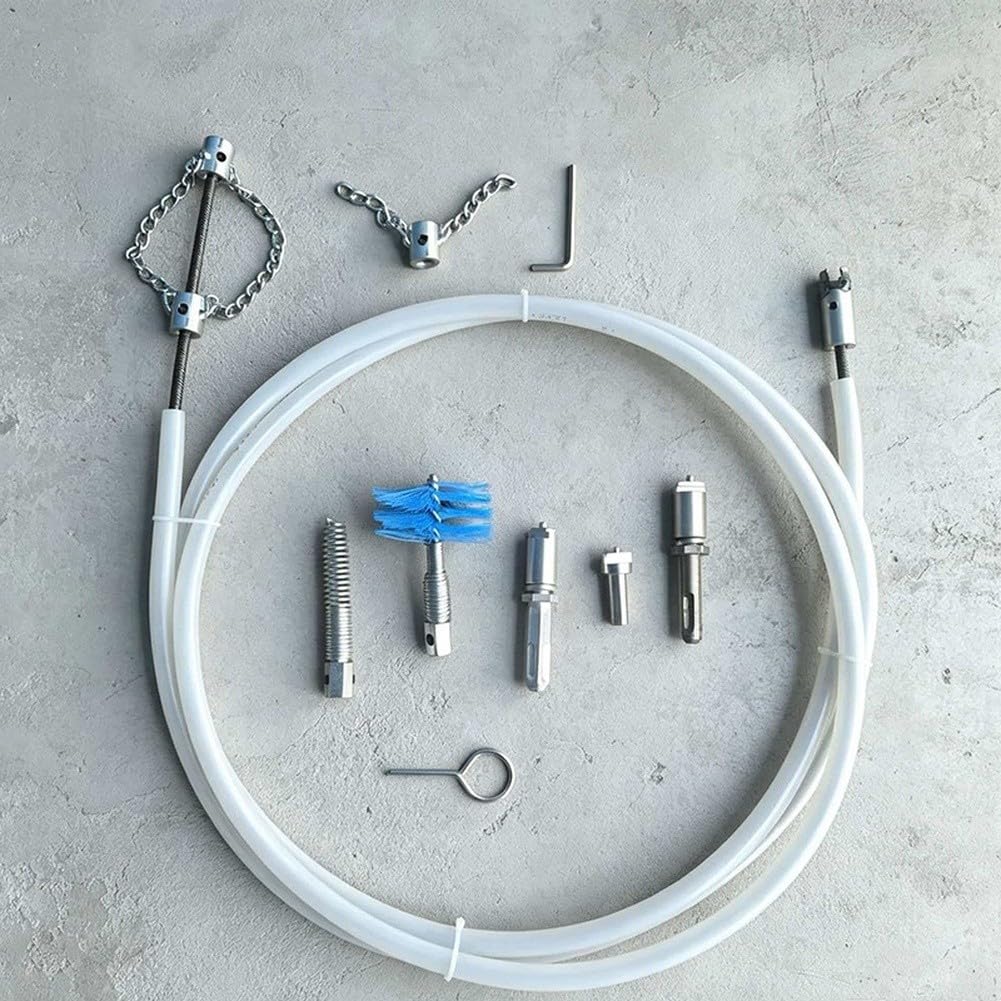 Kit de limpieza de desagüe de manguera blanca, 9 piezas de accesorios de acero para eliminación de obstrucciones de tuberías de inodoro, herramienta flexible de desatascamiento de 5 m, 10 m, 15 m (15