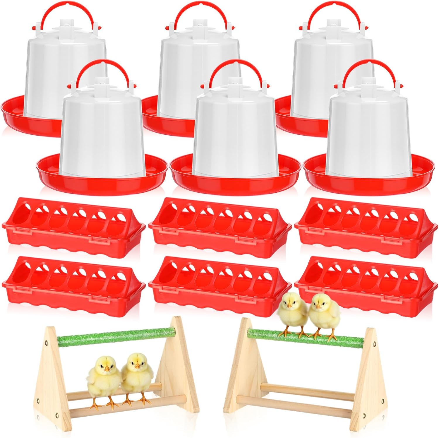 14 Pcs Chick Feeder and Waterer Kit with Wooden Perch Baby Poultry Starter Set 1.5 L Feeding Dispenser for Small Poultry Ducks Quail Pigeon Coop and Brooder(White)