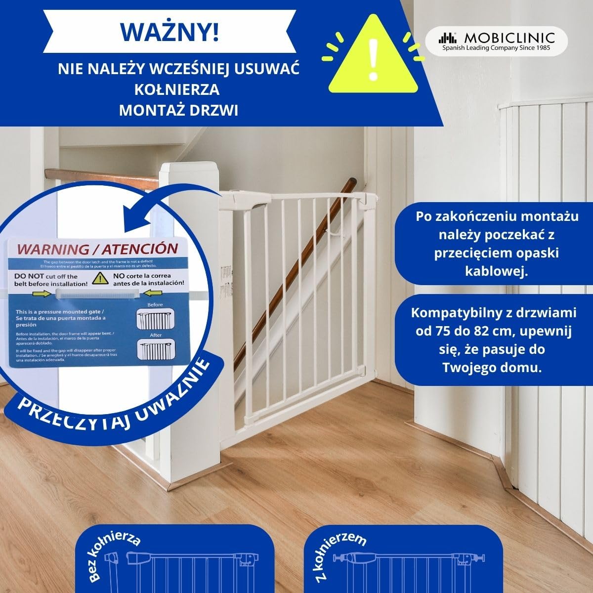 Mobiclinic® kids, Barierka bezpieczeństwa dla dzieci i zwierząt domowych, Raily, Automatyczne zamykanie, Podwójne otwieranie, 75 do 82 cm, Montaż wciskany bez otworów, Schodów drzwi