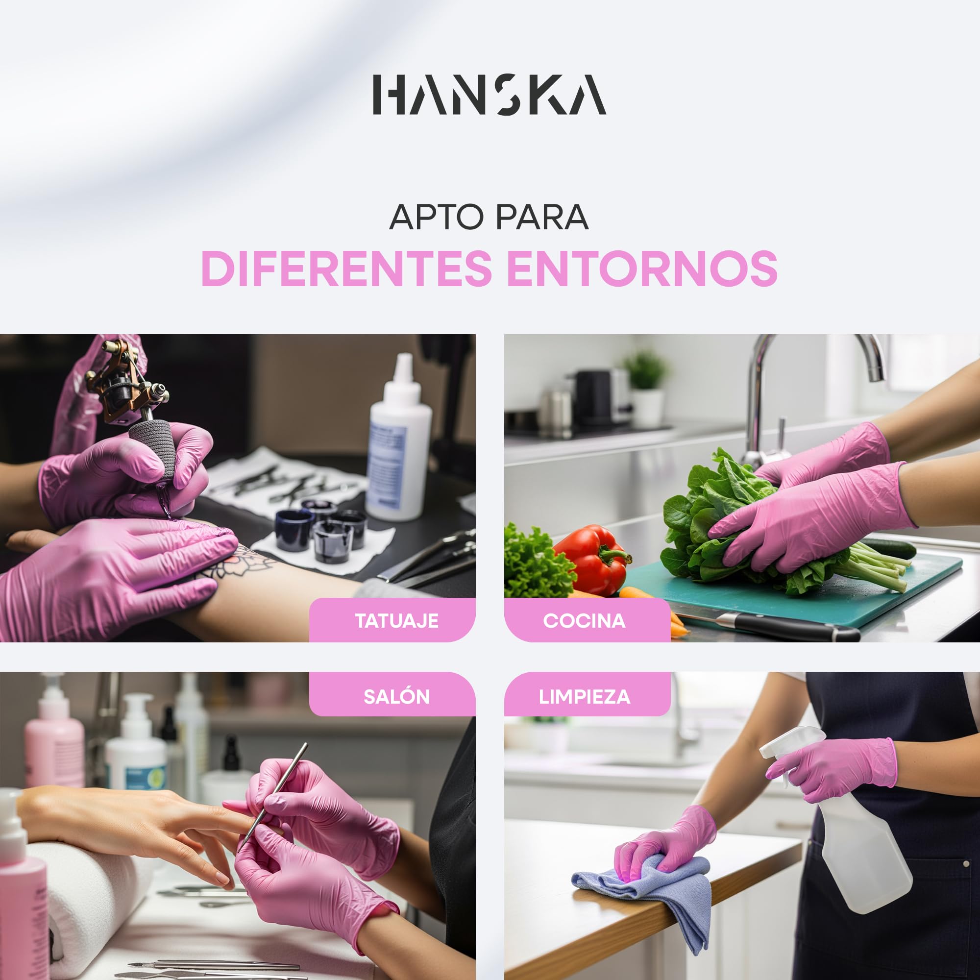 HANSKA 100 Guantes desechables de nitrilo rosas - Sin polvo - Desechables - Ambidiestros - No estériles - Base de goma - Apto para áreas médicas y manipulación de alimentos (100, S)