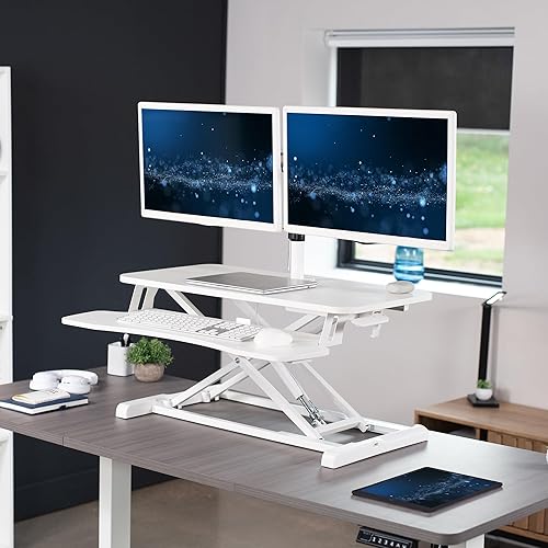 Miniatura 2 de VIVO Convertidor de escritorio de pie de 32 pulgadas de altura ajustable con soporte de monitor dual de 13 a 30 pulgadas soporte de monitor de pie y