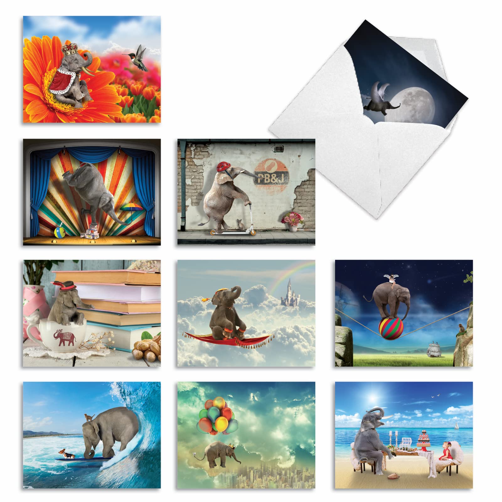 The Best Card Company - 10 Wildlife Thank You Greeting Cards w/Envelopes, Cute Animal Boxed Notes Stationery - Elefantasy M6579TYG