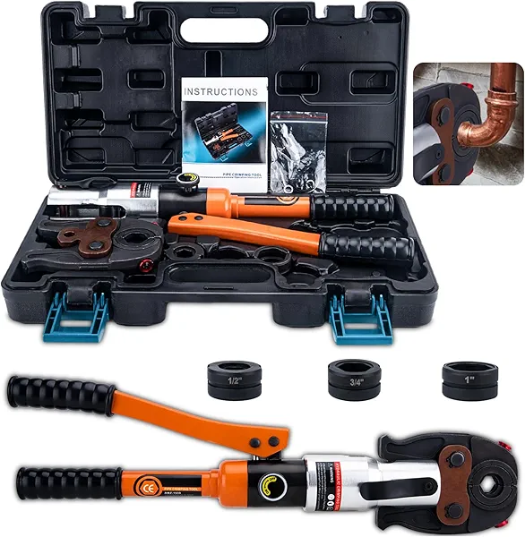 Copper Pipe Crimping Tool, W/ 1/2", 3/4", 1" Jaws, Copper Tube Fittings Hydraulic Pipe Crimping Tool, for Confined Spaces and Tee Fittings, Hydraulically Driven