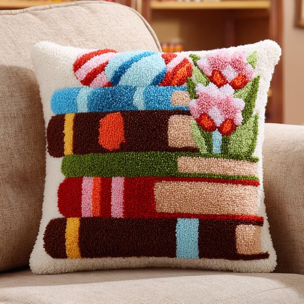 WallustrioaW Latch Hook Pillowcase Kits,Books and Easter Eggs,Needlework DIY Cushion Cover Hook and Latch Kit Christmas Home Crafts Sofa Decoration,17x17in