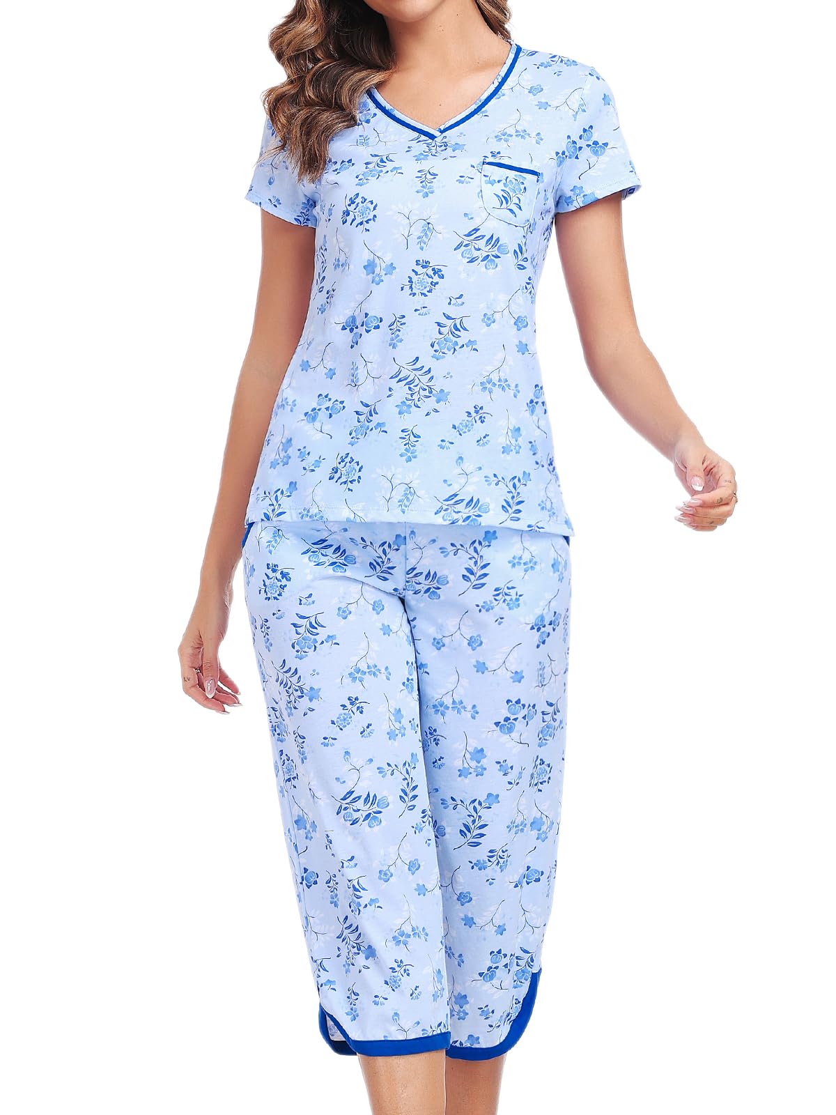 Two Piece Outfits Womens Pajamas Short Sleeve Sleepwear Tops and Capri Pants Pjs Print Pajama Sets
