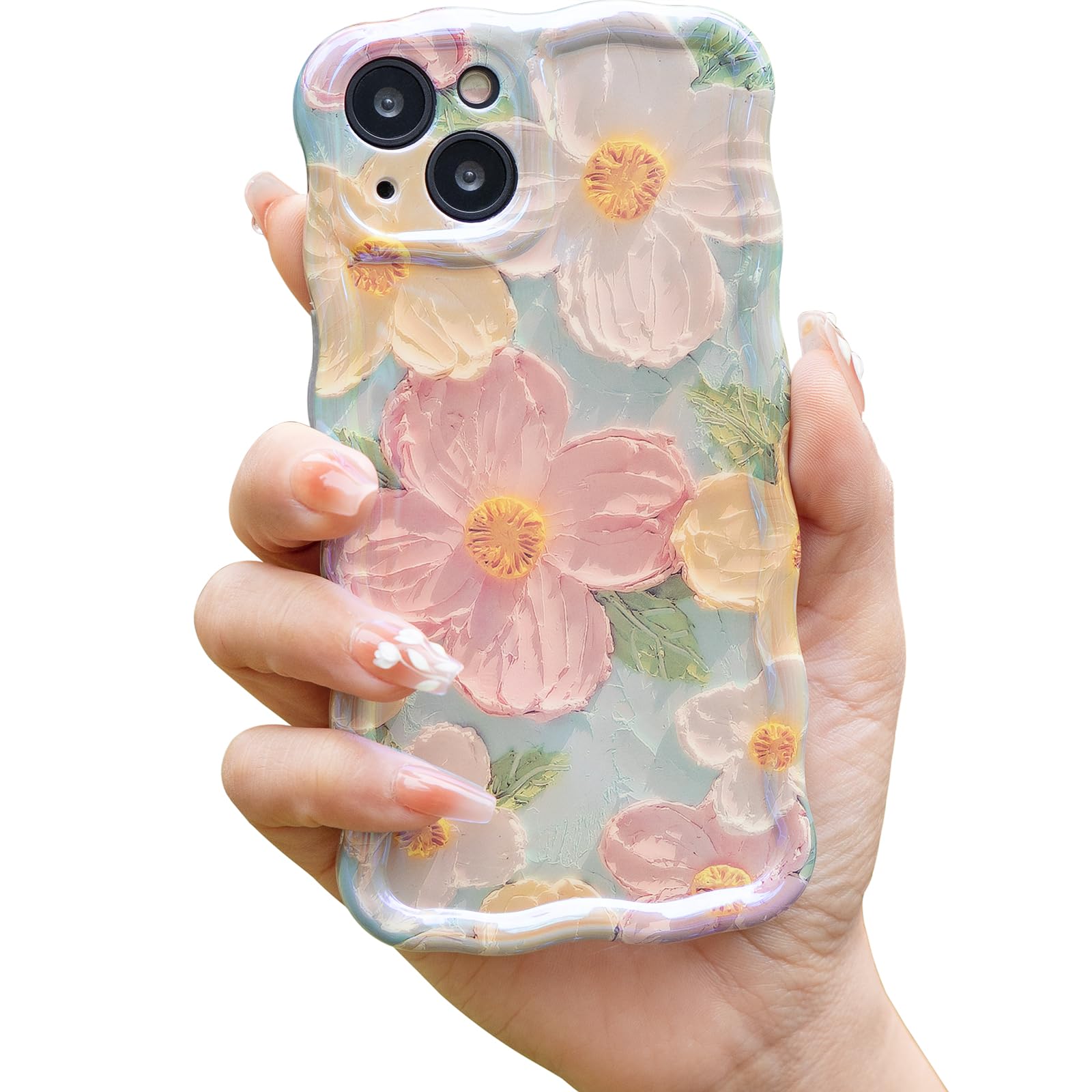 Cute Case for iPhone 14, Colorful Retro Oil Painting Printed Flowers Case, Fashion TPU Floral Laser Beam Glossy Pattern Curly Waves Frame Shockproof Protective Case Cover for Girls Women