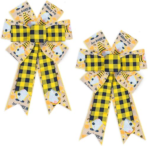 ABTOLS 2 lazos de corona de abejorros, lazos de abeja a cuadros negros y amarillos para corona, gnomos amarillos, lazos decorativos de primavera