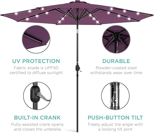 Vista 433 de Best Choice Products - Sombrilla solar de 7.5 pies para exteriores, patio, mesa, mercado, terraza, piscina con inclinación, manivela, luces LED