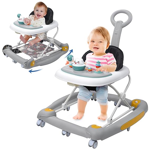 4 in 1 Baby Walker with Wheels, Adjustable Height, Music, Lights, Rocker Mode, Activity Walker and Bouncer Combo for Boys & Girls 6-24 Months