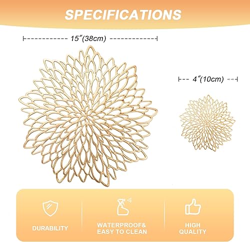 Miniatura 6 de Juego de 8 manteles individuales dorados para mesa, manteles individuales dorados y 8 posavasos lavables modernos y redondos para Navidad, Acción de