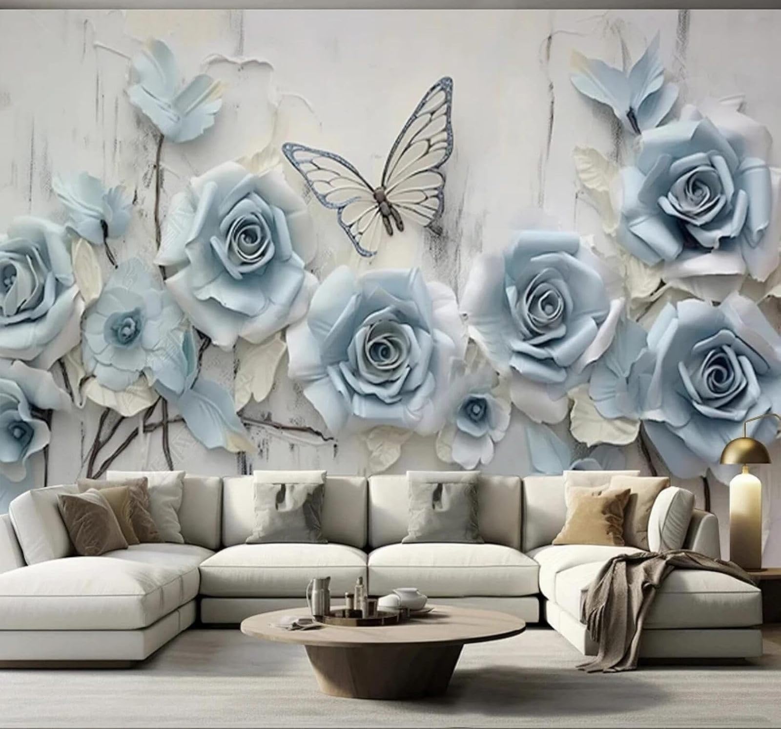 XLMING Relief Beautiful Blue Flowers Butterflies 3D Wallpaper Luxury Home Dining Decor Paste Sofa Living Room The Wall for Bedroom Mural-400cm×280cm