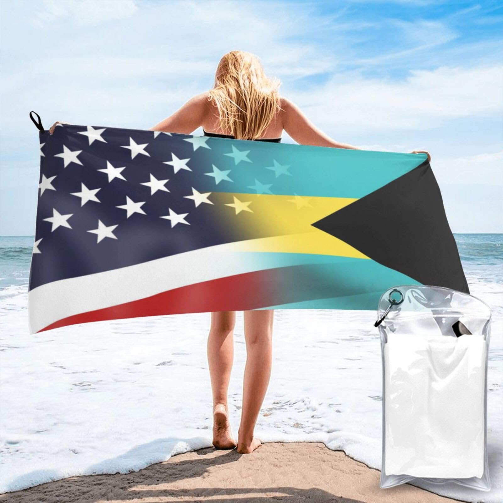 HACXZ Funny America Flag and Bahamas Flag Absorbent Beach Towel Microfiber Beach Shower Towel 27.5"X55"
