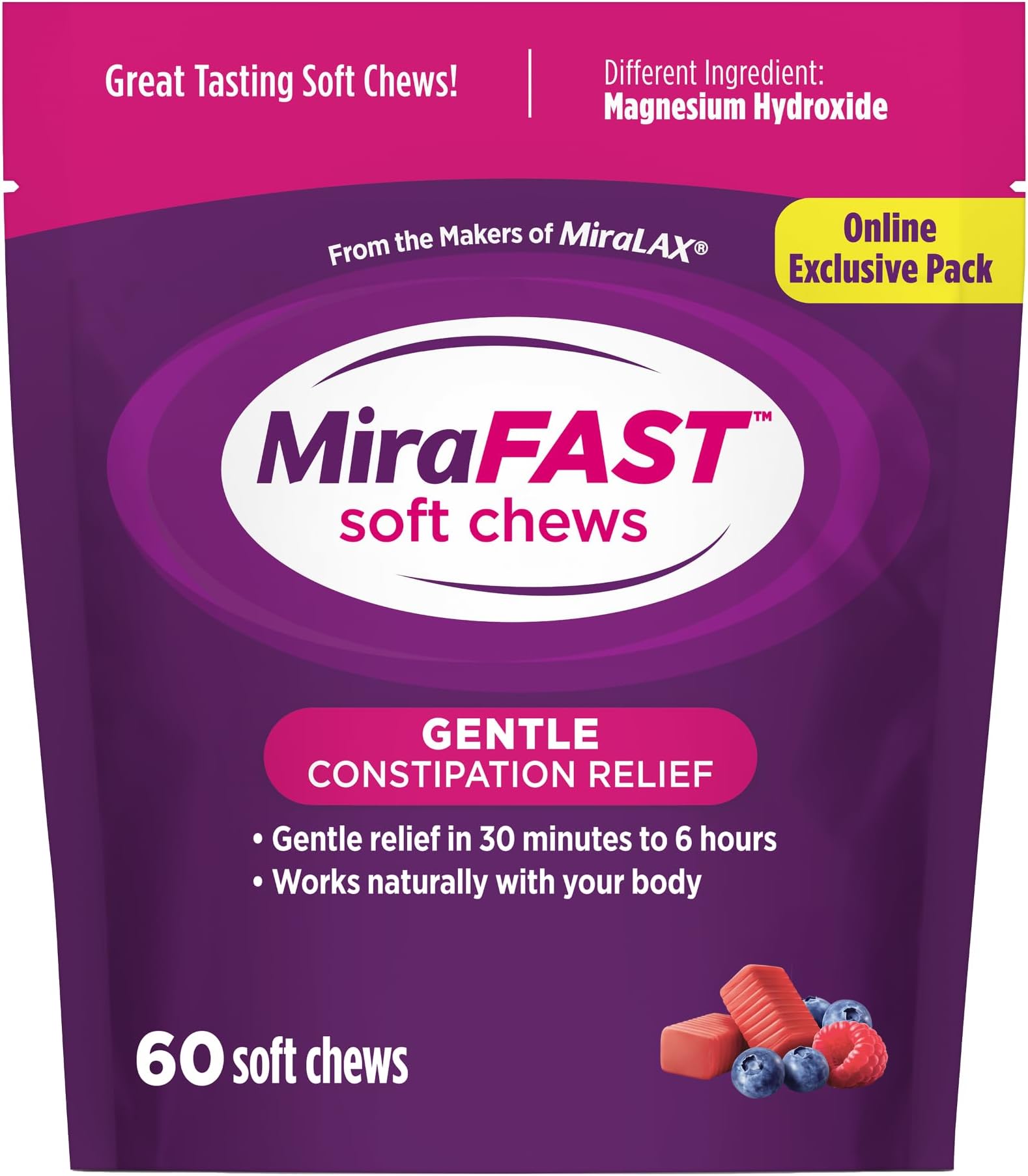 MiraFAST Soft Chews, from the makers of MiraLAX, Gentle Constipation Relief in 30min-6hrs, Fast Acting Laxative, Stimulant Free Saline Laxative, Magnesium Hydroxide, Blueberry & Raspberry Flavor, 60ct