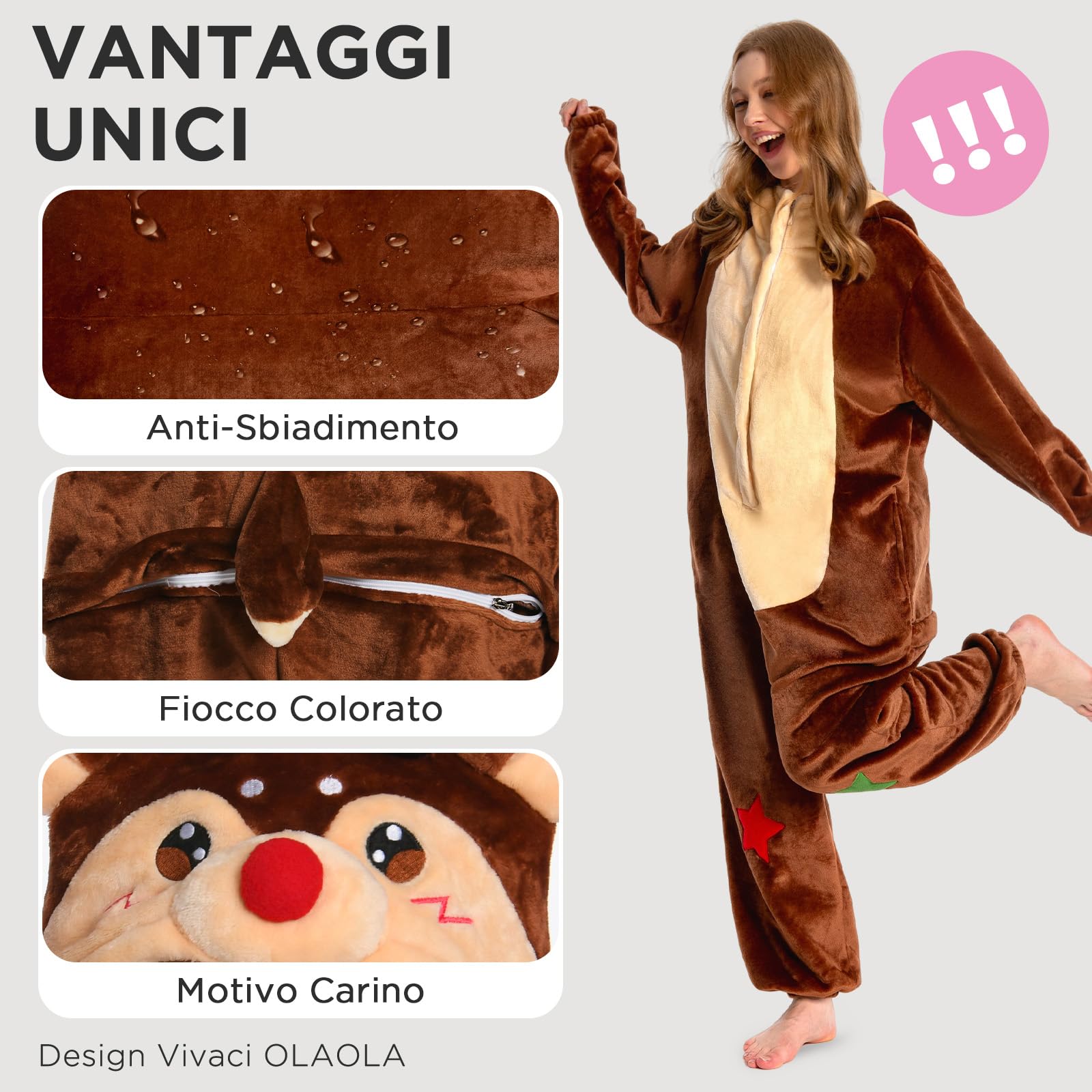 OLAOLA Tuta Intera Adulti Renna Pan di Zenzero Natalizia, Peluche Unisex Morbido per Carnevale, Natale, Halloween