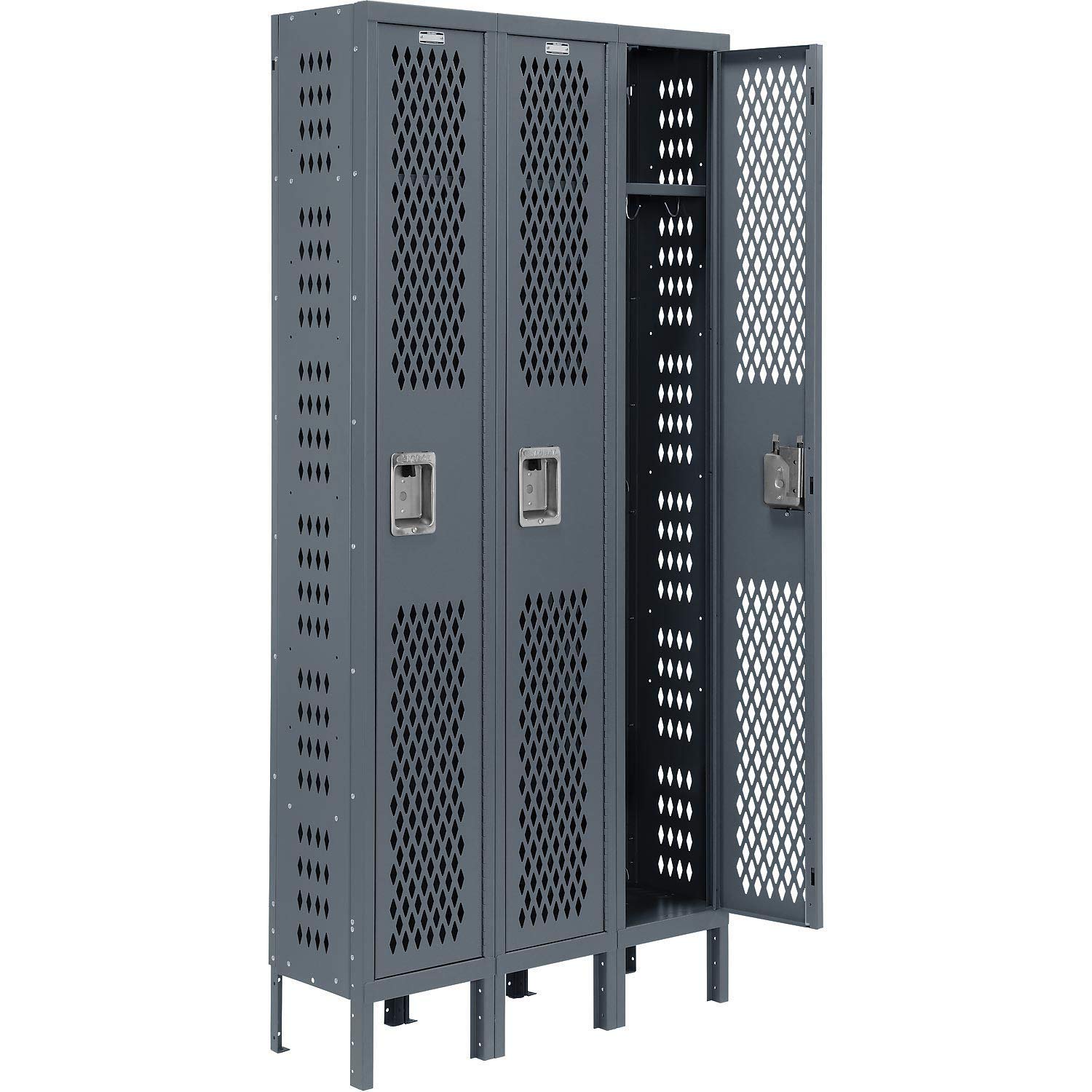 Global Industrial Heavy Duty Ventilated Steel Locker, Single Tier, 3-Wide, 12x12x72, Unassembled, Gray