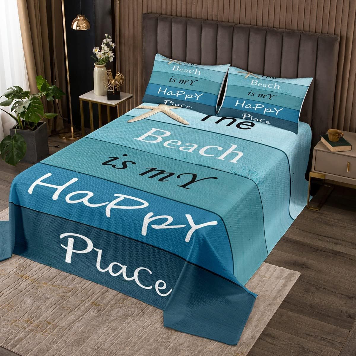 Homewish Beach Lovers Comforter Set Navy Blue Rustic Farmhouse Wooden Board Bedspread King Size,Kids Boys Teens Adults Bedding Set Sea Lovers Room Decor,Starfish Vintage Quilt Set 3pcs