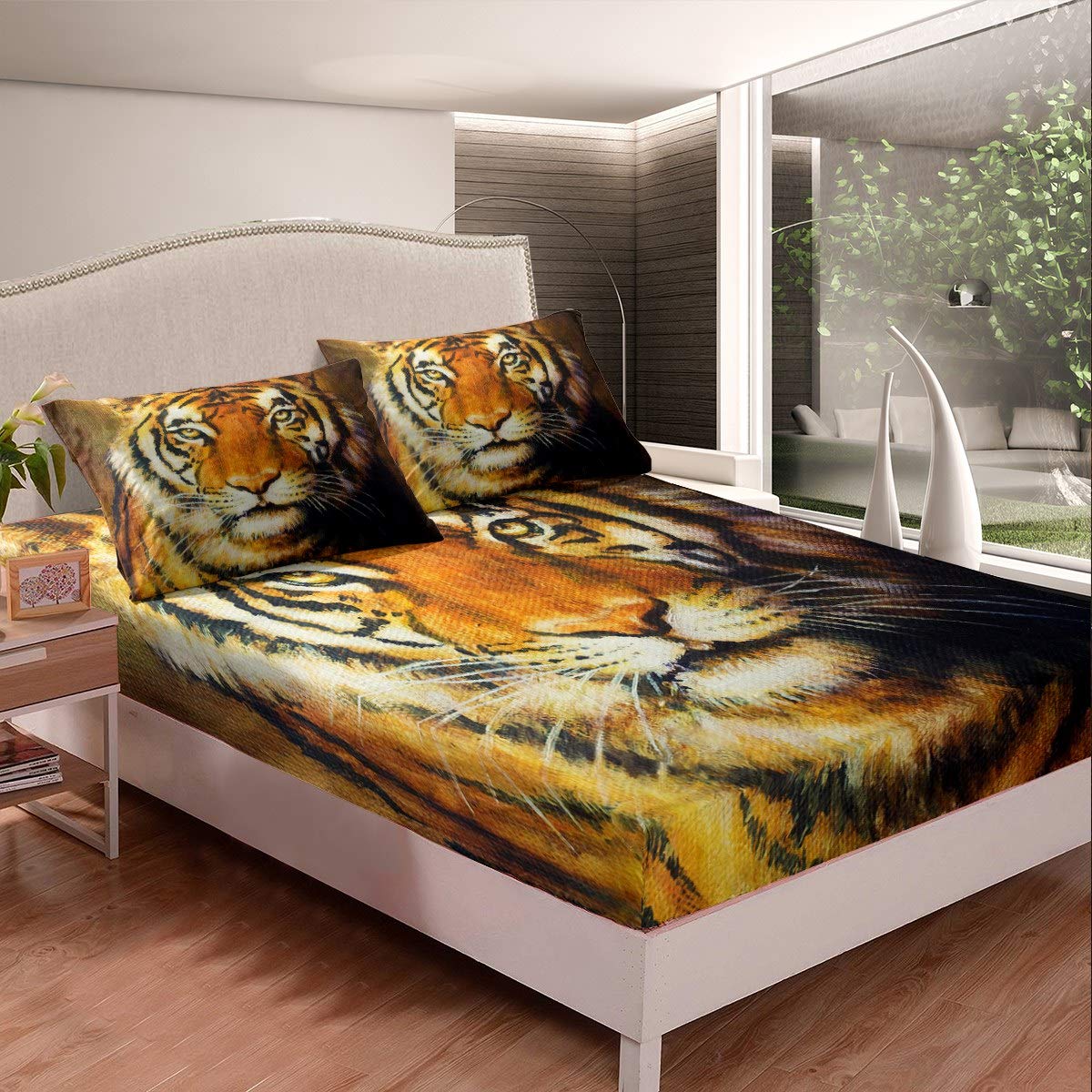 Loussiesd Tiger Bed Sheet Set for Kids Boys Adults Oil Painting Cat Print Fitted Sheet 3D Wild Animal Pattern Bedding Set Soft Microfiber Bed Cover,Room Decor 3Pcs Sheets Double Size
