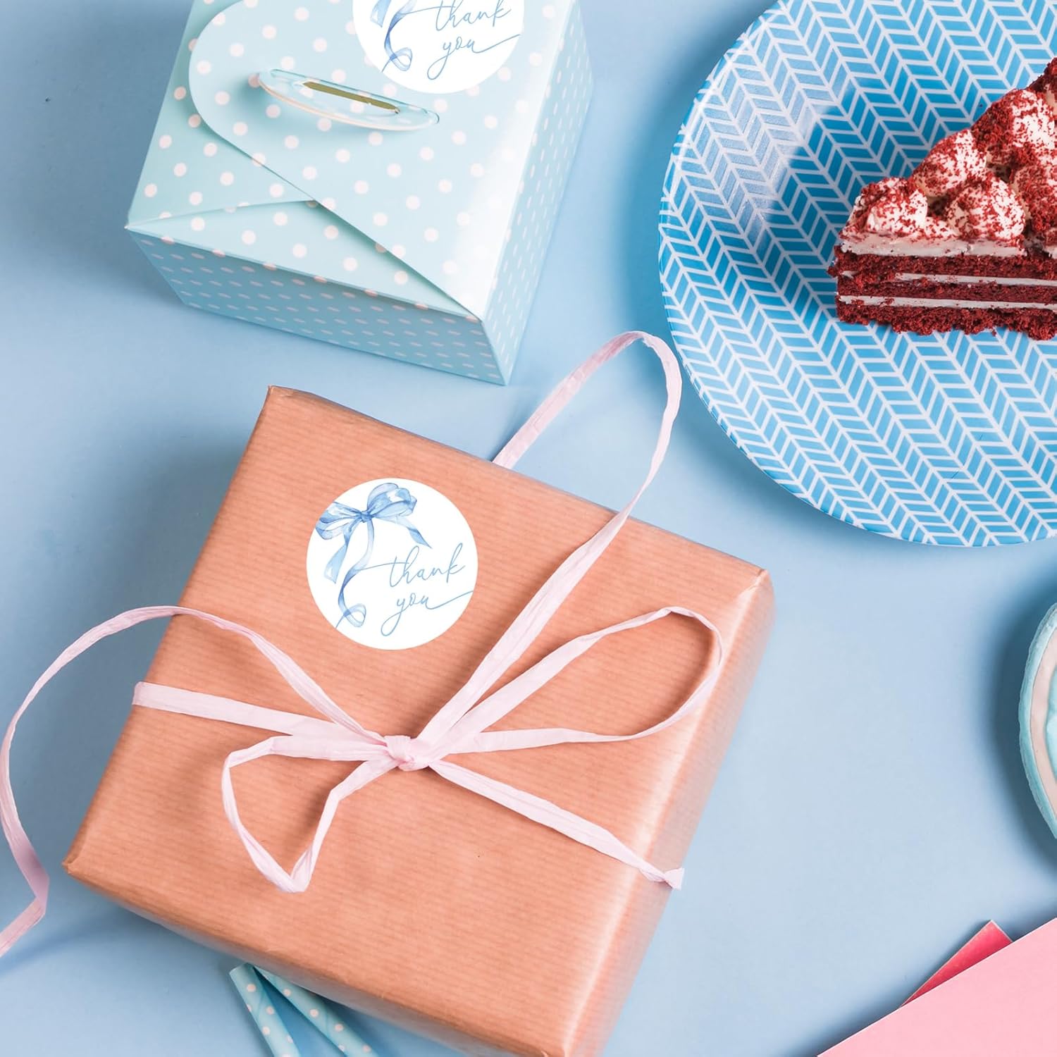 Whaline 500Pcs Blue Bow Thank You Sticker Watercolor Bowknot Paper Decal Coquette Adhesive Seal Sticker Label for Baby Shower Party Small Business Supplies, 1.5 in - Image 5