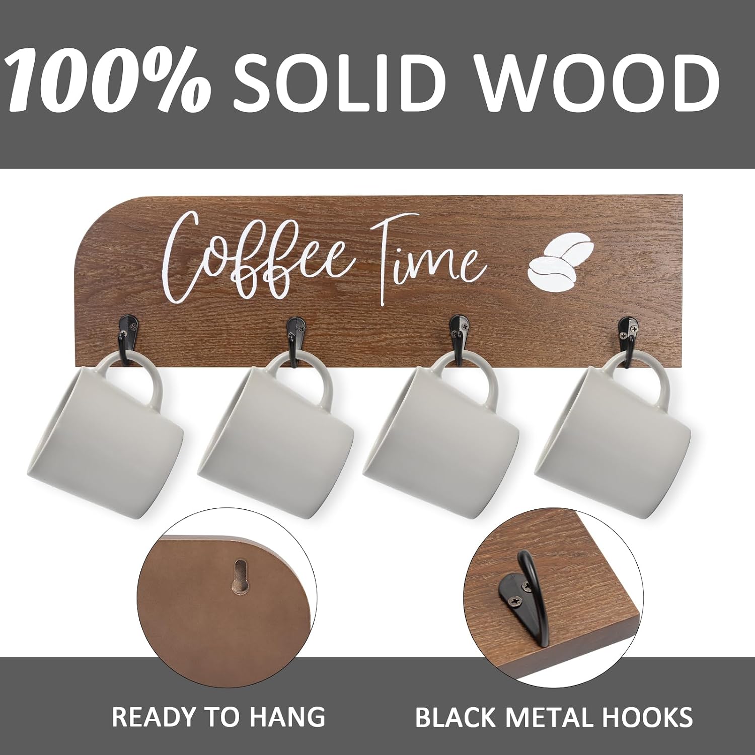 Coffee Hooks Coat Rack with 6 Mug Holders, Vintage Style, Rustic Wood, for Entryway, Living Room, Kitchen, Bathroom, Office, Hallway