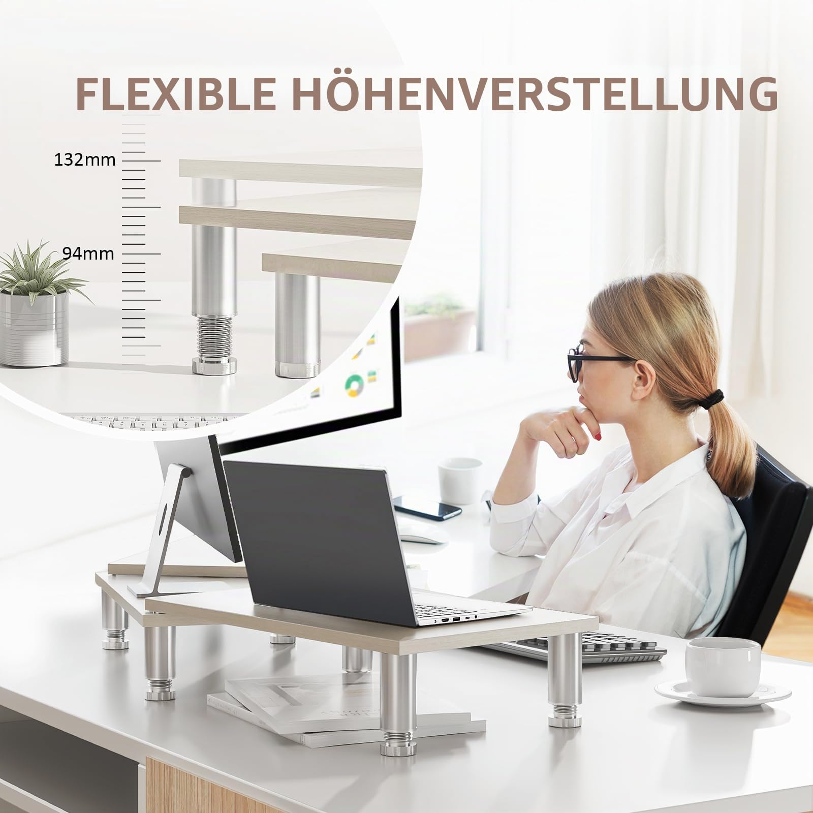 AX Waber Dual Monitor Riser - Einstellbare Länge & Winkel, Holzständer für 2 Monitore mit Stauraum
