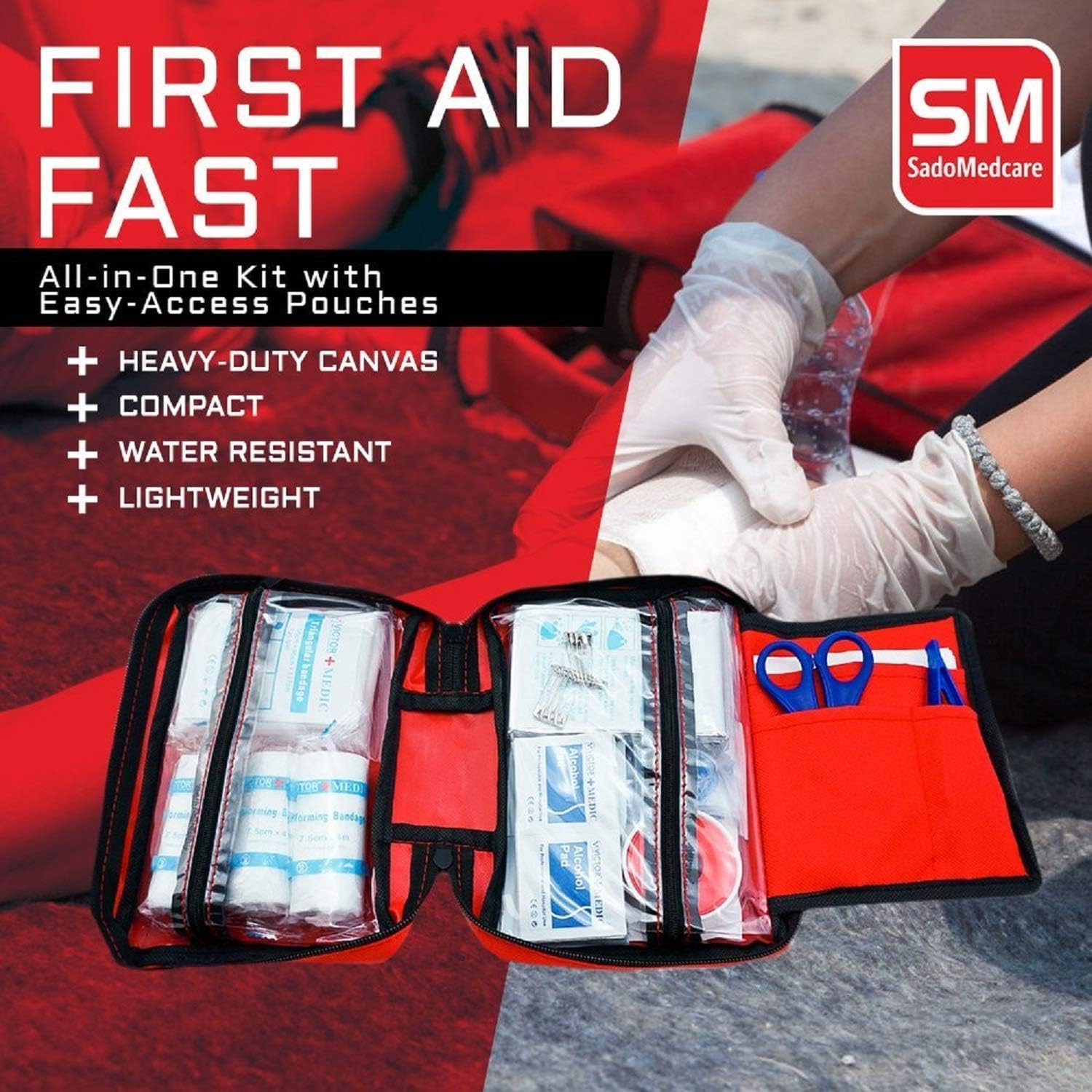 SadoMedcare Classic All in One Complete First Aid Kit - 72 Pieces Medical Kit, Travel Emergency Kit, Hiking First Aid Kit, Emergency Survival Go Bag, V10 Size Small