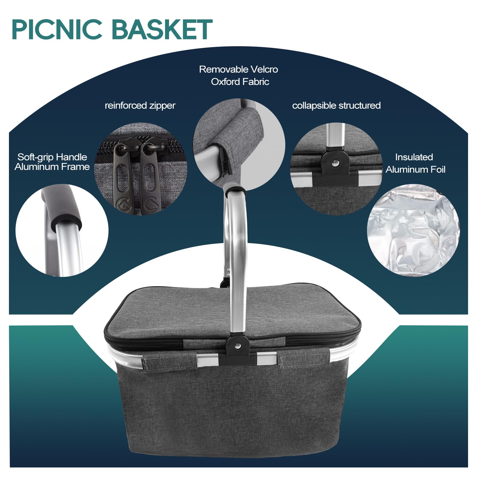 Faltbarer Einkaufskorb Grau, Großer Picknickkorb mit gepolsterten Griffe, praktischer Faltkorb, Einkaufstasche mit Aluminiumrahmen, robuster Korb